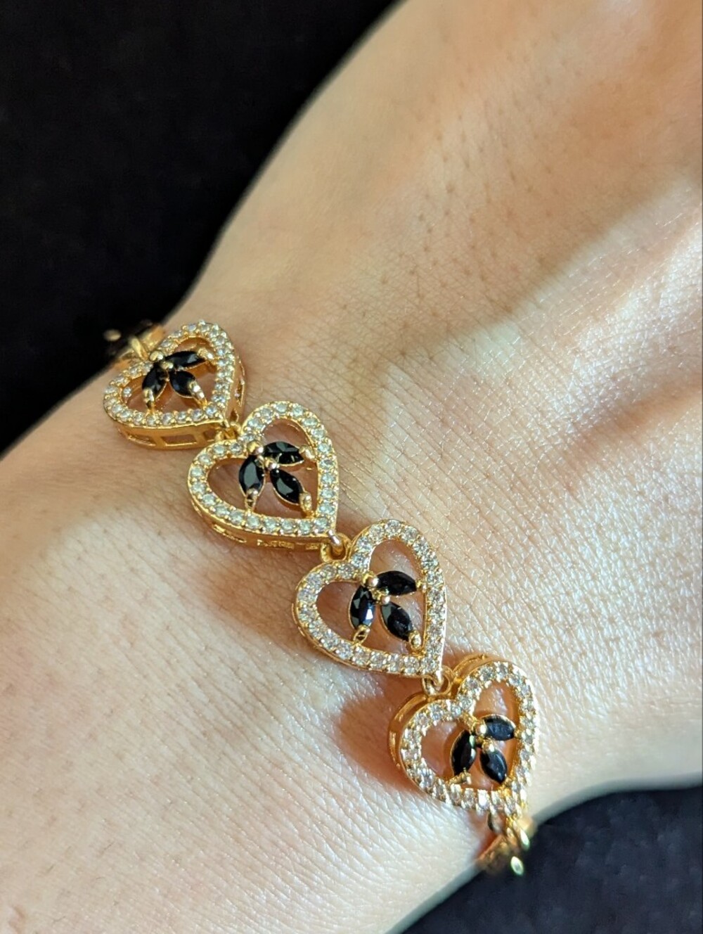 Gold Heart Link Bracelet Black Clear Gemstones Love Indian Jewelry Ethnic